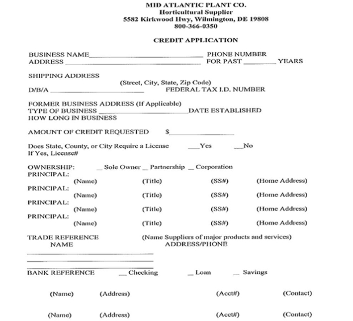 Page 1 of the Credit Application for Mid Atlantic Plant Company in Wilmington, DE. They are a premier horticultural distributor of annuals, specialty annuals, and perennials