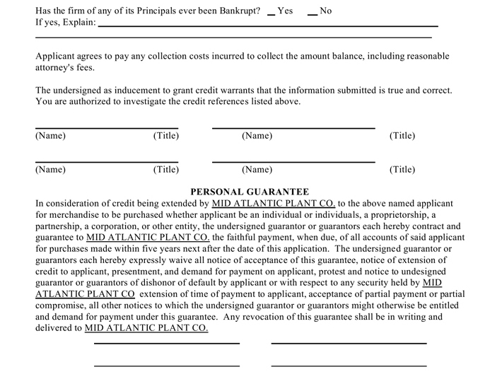Page 2 of the Credit Application for Mid Atlantic Plant Company in Wilmington, DE. They are a premier horticultural distributor of annuals, specialty annuals, and perennials